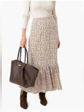 Neutral Floral Maxi Skirt with Ruffle Hem